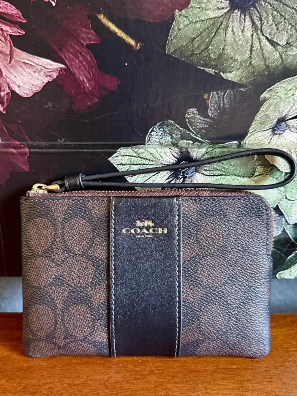 NEW Coach Dark Brown Corner Zip Wristlet with Gold Logo